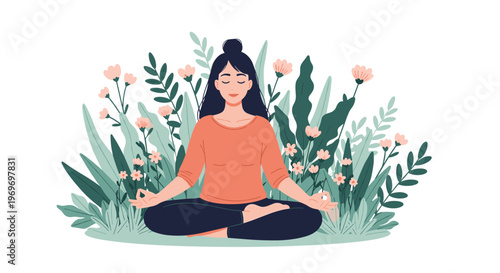 Calm woman practicing yoga in lotus position surrounded by a lush garden of green plants and delicate pink flowers for wellness.