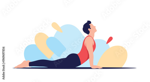 Athletic man performing a cobra pose or upward-facing dog yoga stretch against a background of soft abstract blue and yellow shapes.