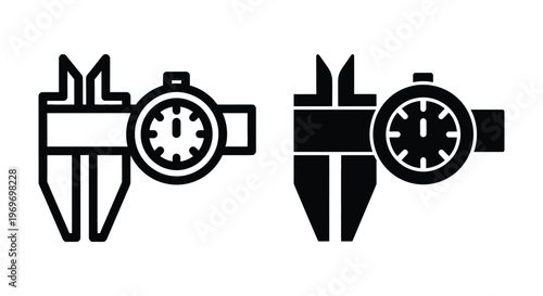 Dial caliper icon set, precision measuring tool for engineering and manufacturing, vector illustration