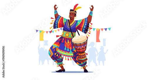 Man in colorful costume playing drum with festive background