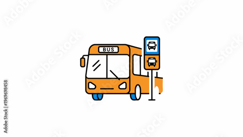 Orange bus at a bus stop illustration on white background