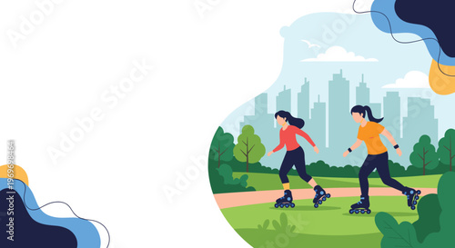 Two active women rollerblading along a scenic park path with a modern city skyline and abstract shapes in the background.
