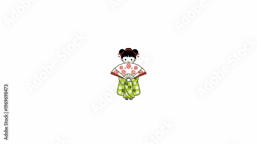 Japanese girl illustration in green kimono holding folding fan