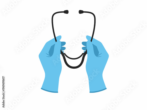 Medical Doctor Hands in Blue Gloves with Stethoscope on White
