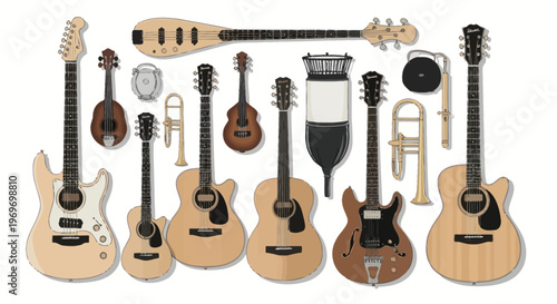 Guitar icons, musical instruments, vector graphics, 13 elements, wood texture