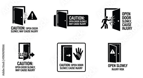 Caution open doors slowly to avoid potential injury signage