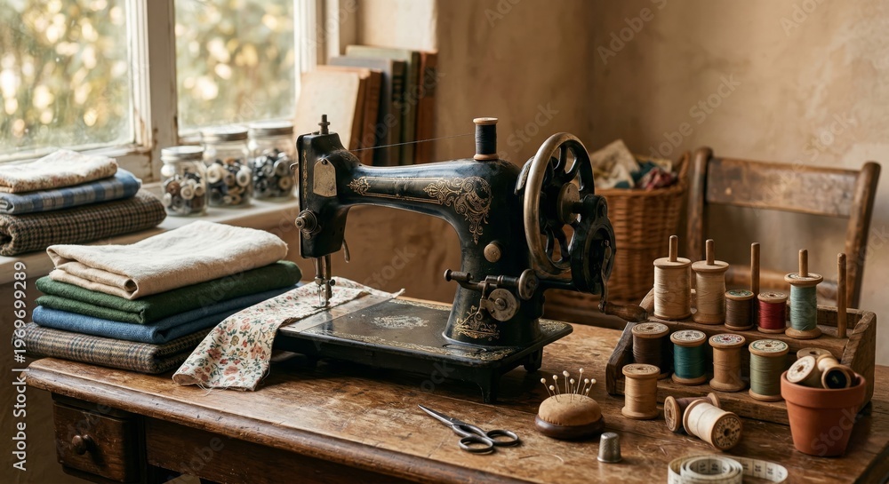 Fototapeta premium A vintage sewing machine sits on a wooden table surrounded by colorful fabrics and threads