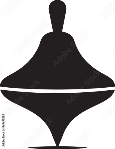Black silhouette of a classic spinning top toy balanced on its point, symbolizing play.