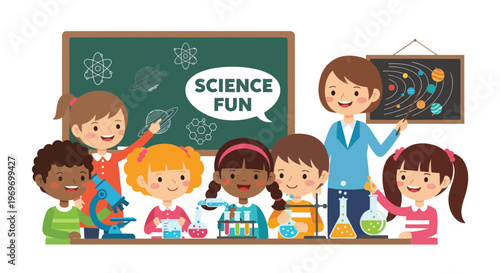 Science classroom, kids learning, educational vector, school children, fun illustration