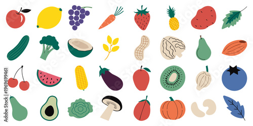 Seamless Healthy Food Vector Pattern with Fruits Vegetables and Nuts Flat Design icon