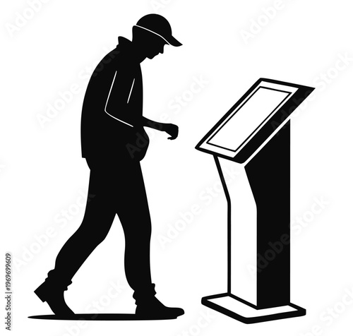 Black Silhouette of Man Using Interactive Touchscreen Kiosk – Self Service Terminal, Digital Interface Technology, Public Information Stand, Modern Automation User Concept