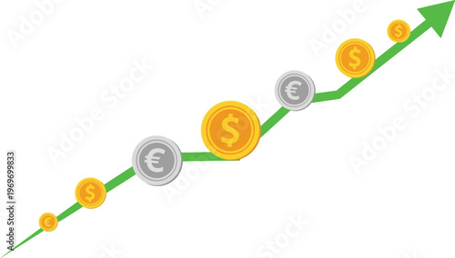 Coins ascend on a green arrow indicating financial growth and profit.