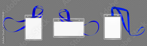 Id badge mockup with blank white paper, transparent plastic card holder and blue lanyard, realistic vector isolated on transparent background. Design template for corporate office staff identification