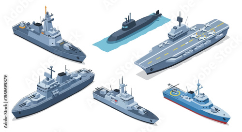 Modern Navy Warship, Aircraft Carrier, and Submarine Isometric Vector Illustration Set Isolated.