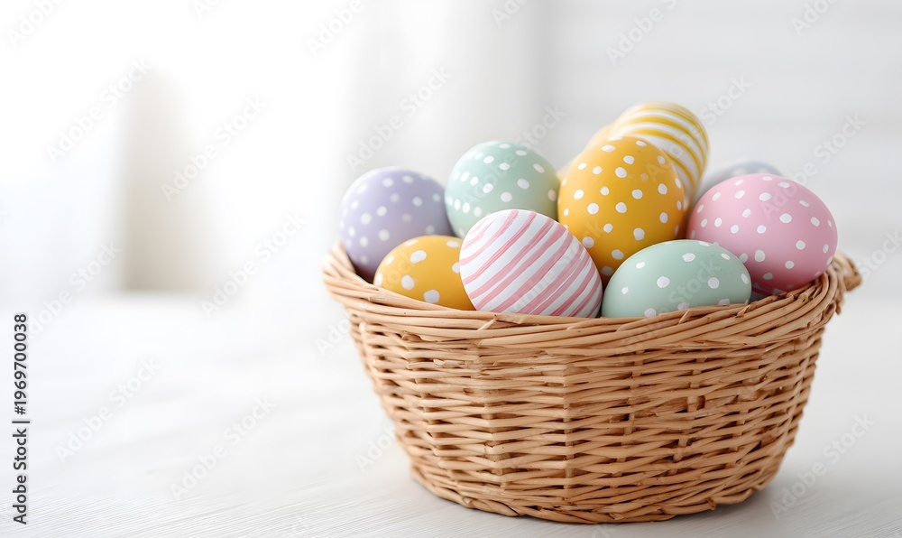 Fototapeta premium A wicker basket filled with colorful Easter eggs, neatly arranged, with patterns like stripes, polka dots, and pastel swirls
