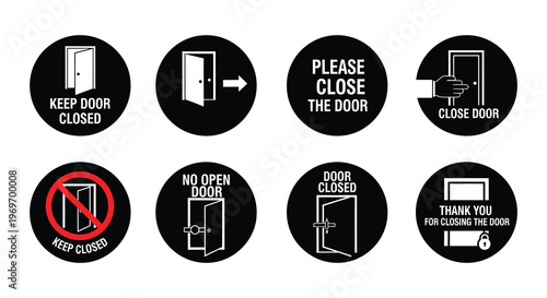 Collection of black door signs keep closed do not enter restricted access