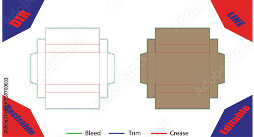 Orange and white cardboard box template with bleed trim and crease lines