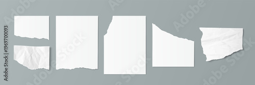 Torn white paper sheets with rough edges and realistic wrinkled texture, vector set isolated on background. Scrap elements for collage designs, posters, and creative paper craft projects