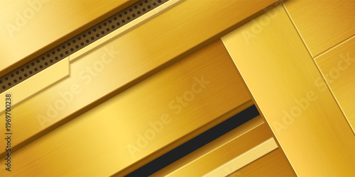 3d metal background with perforation, rivets and gold texture, realistic vector background. Brushed golden panel frame, dark grunge strips banner, border design with chrome details, perforated plaques