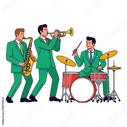 Jazz Trio Playing Music in Green Suits