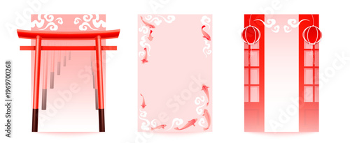 Japanese cards with torii gate, koi fish and traditional cloud motif, oriental vector background set. Authentic cultural elements, posters with red pagoda arch, lanterns and minimalist design