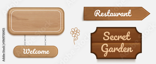 3d realistic wooden sign with chain and vintage texture, vector set isolated on background. Rustic wood plank board for farm, saloon, or restaurant menu design. Blank timber arrow frame