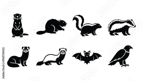 A collection of black silhouettes depicting various animals including otters badgers ferrets and a soaring eagle silhouette high quality professional detailed