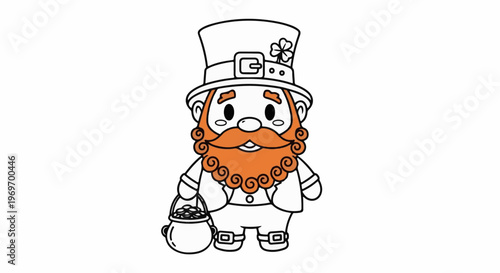 Adorable cartoon leprechaun with a top hat, beard, and pot of gold