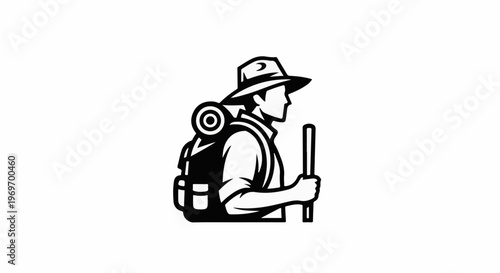 Adventurer with backpack and walking stick, ready for exploration