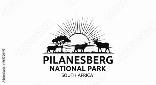 African safari sunset with antelopes and acacia tree, national park emblem