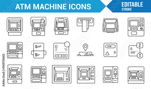 Financial ATM icons set with card payment and cash withdrawal elements