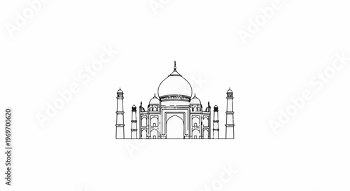 An architectural sketch depicts a grand mausoleum with a central dome and flanking minarets
