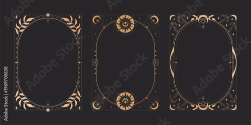 Magic black tarot cards set, celestial moon and sun icons. Vector realistic illustration of mystic vintage cards with golden floral border and star ornaments, esoteric symbols, astrology signs