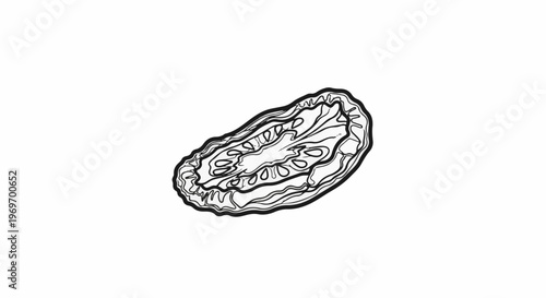 An artistic black and white outline illustration of a dried fruit