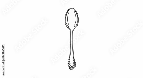 An elegant, silver, ornate spoon with a polished, reflective oval bowl and decorated handle