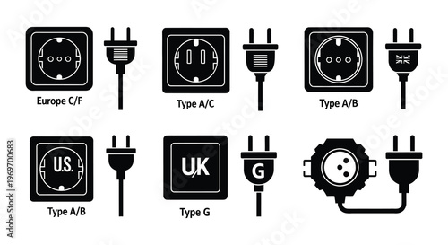 Various electrical outlet and plug types are illustrated in black and white