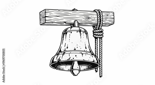 An old-fashioned bell hanging from a wooden beam by a thick rope