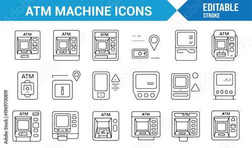 Banking ATM icons collection with cash withdrawal and payment elements