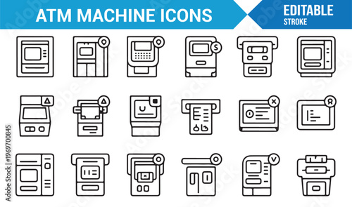 ATM machine icons set with banking and cash transaction symbols
