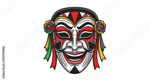 An ornate, traditional mask with vibrant red, white, and black details and decorative ribbons