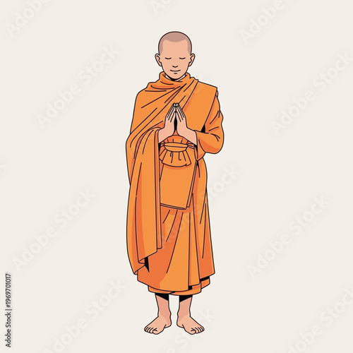Buddhist monk praying with hands together in traditional orange robes