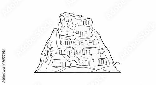 Ancient cave dwellings carved into a rocky hillside, with doorways and windows