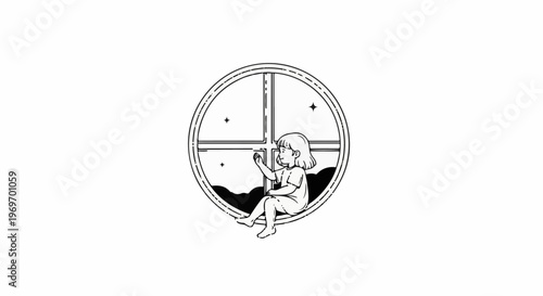 Child looking out a circular window at stars and clouds