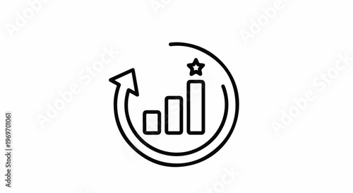 Circular arrow around a growing bar chart with a star on top