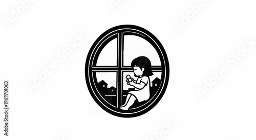Child looking out circular window at houses, holding toy