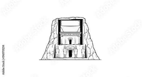 Ancient rock-cut tomb facade with statues in entrance