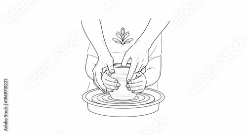 Close-up of hands shaping clay on a potter's wheel, creating a vase