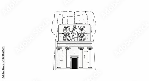 Ancient rock-cut tomb with regal figure enthroned above columned facade