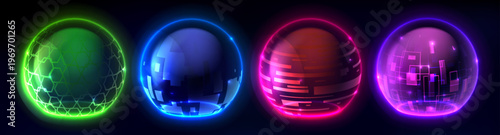 Protective shield domes with glowing geometric pattern isolated on black background. Vector realistic illustration of 3D transparent sphere barriers with tech mesh, neon energy field, digital security