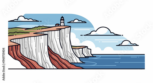 Coastal cliffs with lighthouse, sea, and clouds in a stylized, graphic art style